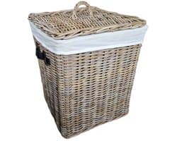 Rieten Wasmand Groot 50cm | Deksel & Linnen Voering | Zwarte Leren Handgrepen | Handgemaakt Indonesië — afbeelding 1