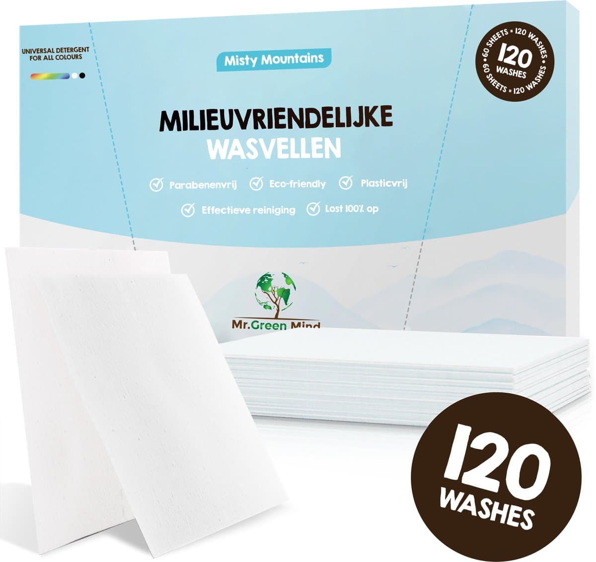Mr. Green Mind Wasstrips 120 Wasbeurten fris Misty Mountains Wasmiddel Wasstrips Wasmiddeldoekjes incl. wasverzachter — afbeelding 1