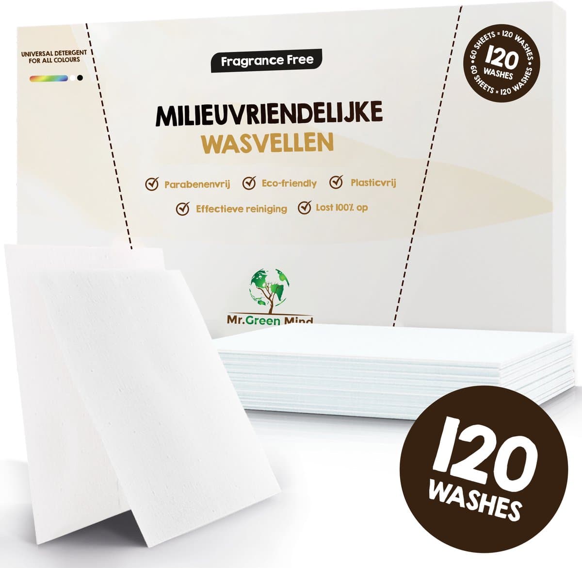 Mr. Green Mind Wasstrips 120 Wasbeurten Parfum Vrij Wasmiddel Wasstrips Wasmiddeldoekjes incl. wasverzachter — afbeelding 1
