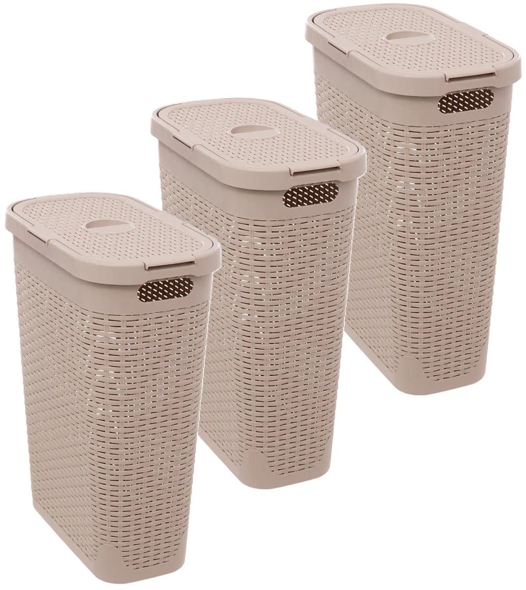 5Five Smalle Wasmand met deksel Rotan - 3x - beige - gevlochten kunststof - 40 liter - 26 x 46 x 60 cm — afbeelding 1
