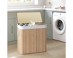 CHIWIN Wasmand met 3 Vakken –Bamboe Grote Wasverzamelaar 150L – Handgeweven Wasmand met Deksel & Handgrepen – Opbergmand voor Badkamer, Slaapkamer & Wasruimte – 60x40x61,5cm