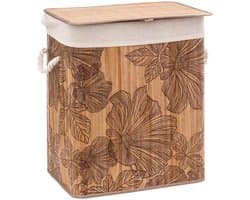 5Five Wasmand met deksel - bamboe hout - 60 Liter- naturel wit - 43 x 31 x 50 cm - Flora print