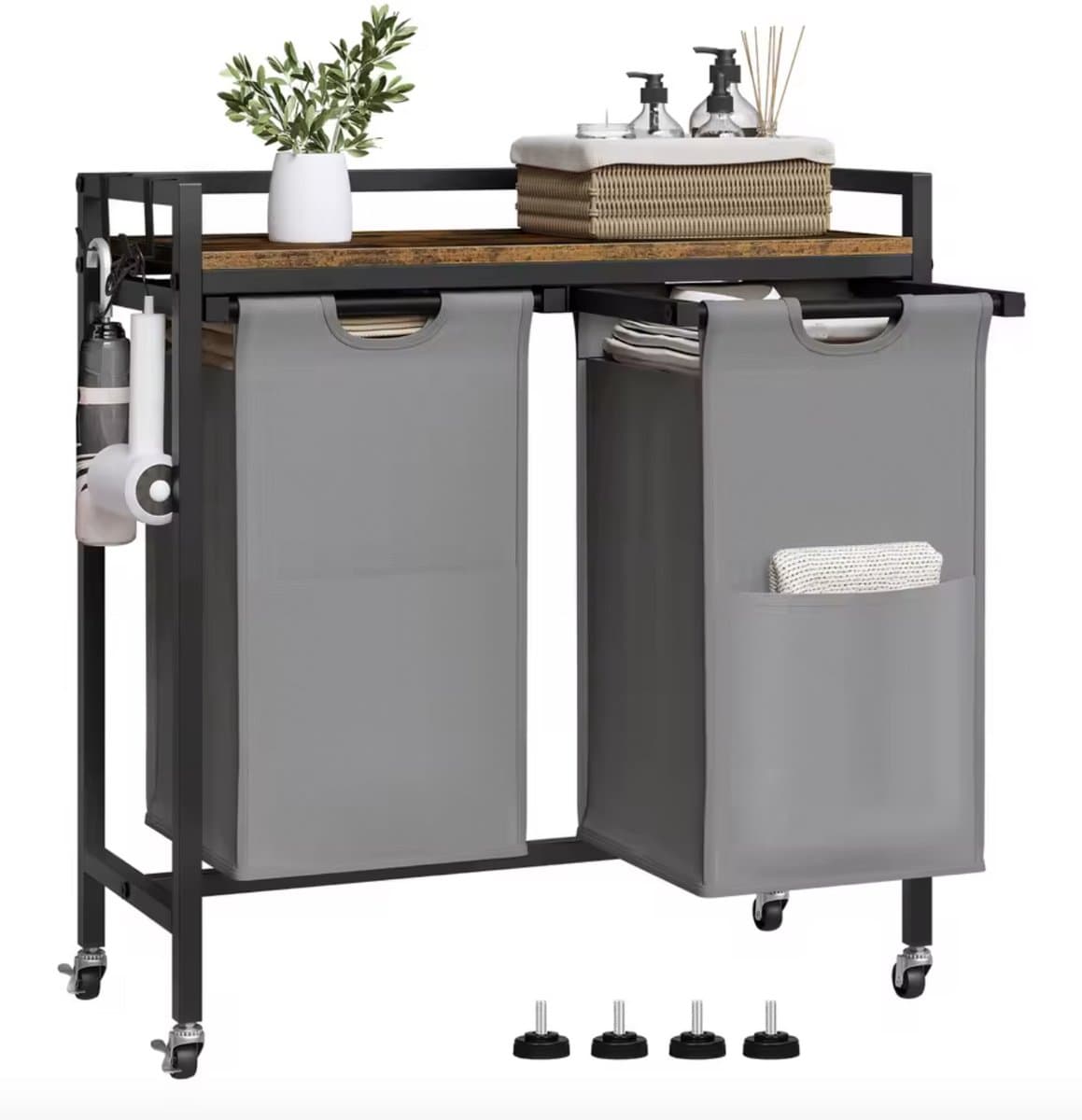 Varnox Wasmand kastje - Wasmandkastje - Tafel met wasmand - Wasmand met 2 vakken - Wassorteerder - Wasmand tafel - Waszak - Badkamerkast - Wasmand meubel - Wasmand rek - Dark oak - Op wielen - Zwart metaal — afbeelding 1