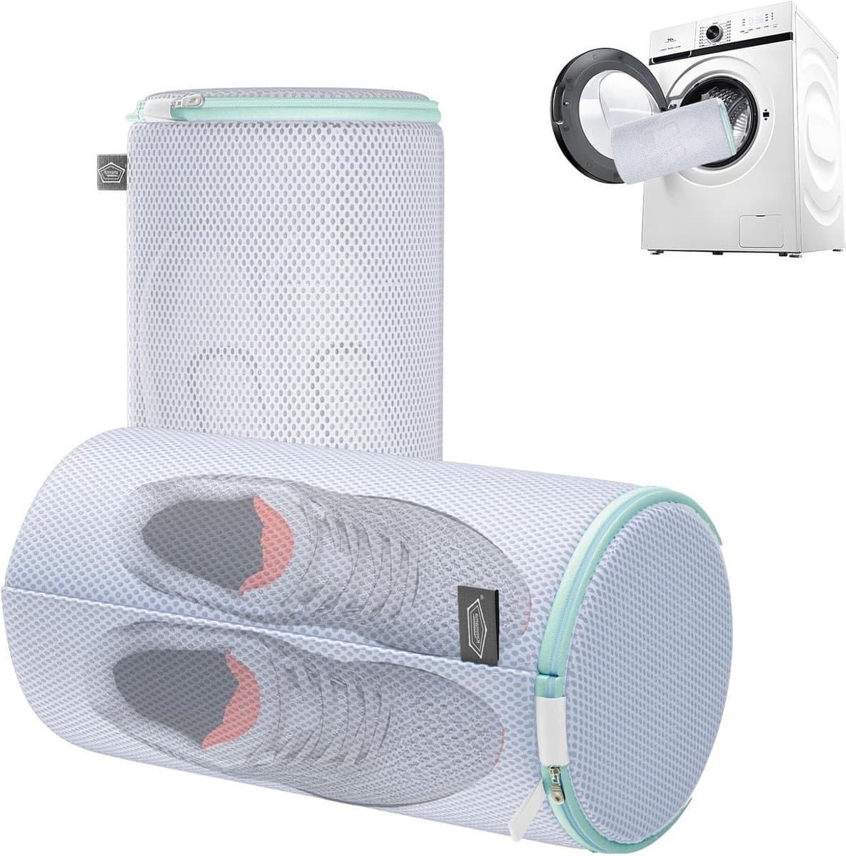 Schoen wasmachine tas, wasschoenen tassen, sneaker wassen beschermer zak, Sandwish Mesh, wit — afbeelding 1