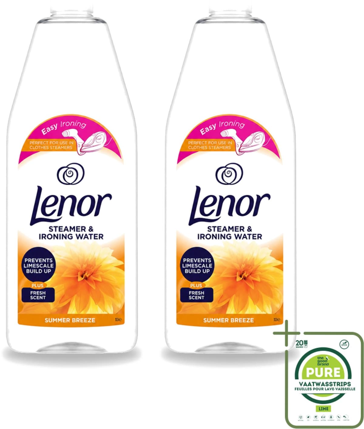 2 x Lenor - Strijkwater - Summer Breeze - Textielverfrisser - 1000 ml - Grootverpakking - Vaatwasstrips - Strijkwater - Zomerse Geur - Textielverfrisser - Wasgoed - Kledingverfrisser — afbeelding 1