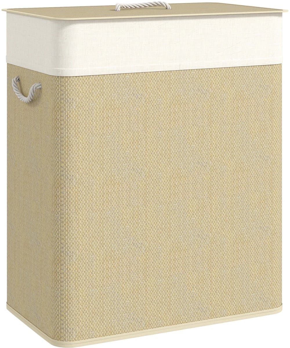 Wolcky - Dubbele Wasmand 100 Liter met 2 Vakken – Bamboe Wasmand met Deksel – Uitneembare Waszakken – Touwhandvatten – Crème — afbeelding 1