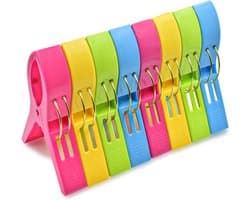 Strandlaken Knijpers - 8 Stuks - Grote Handdoek Klemmen - Badlaken Clips - Wasknijper - Dekbedhoes - Gekleurde grote kunststof handdoek/strandlaken knijpers 12 cm - Badlaken/strandlaken klemmen - Blauw, groen, geel, roze