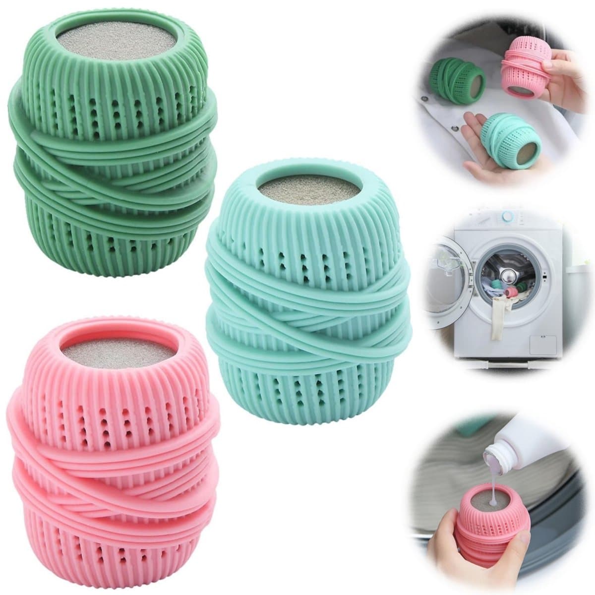 3 stuks wasballen - wasverzachter - anti-klit reinigingsbal -vlekverwijderaars voor kleding - elastische wasbal - herbruikbaar - geschikt voor wasmachine en droger (4,5*7cm - blauw, roze, groen) — afbeelding 1