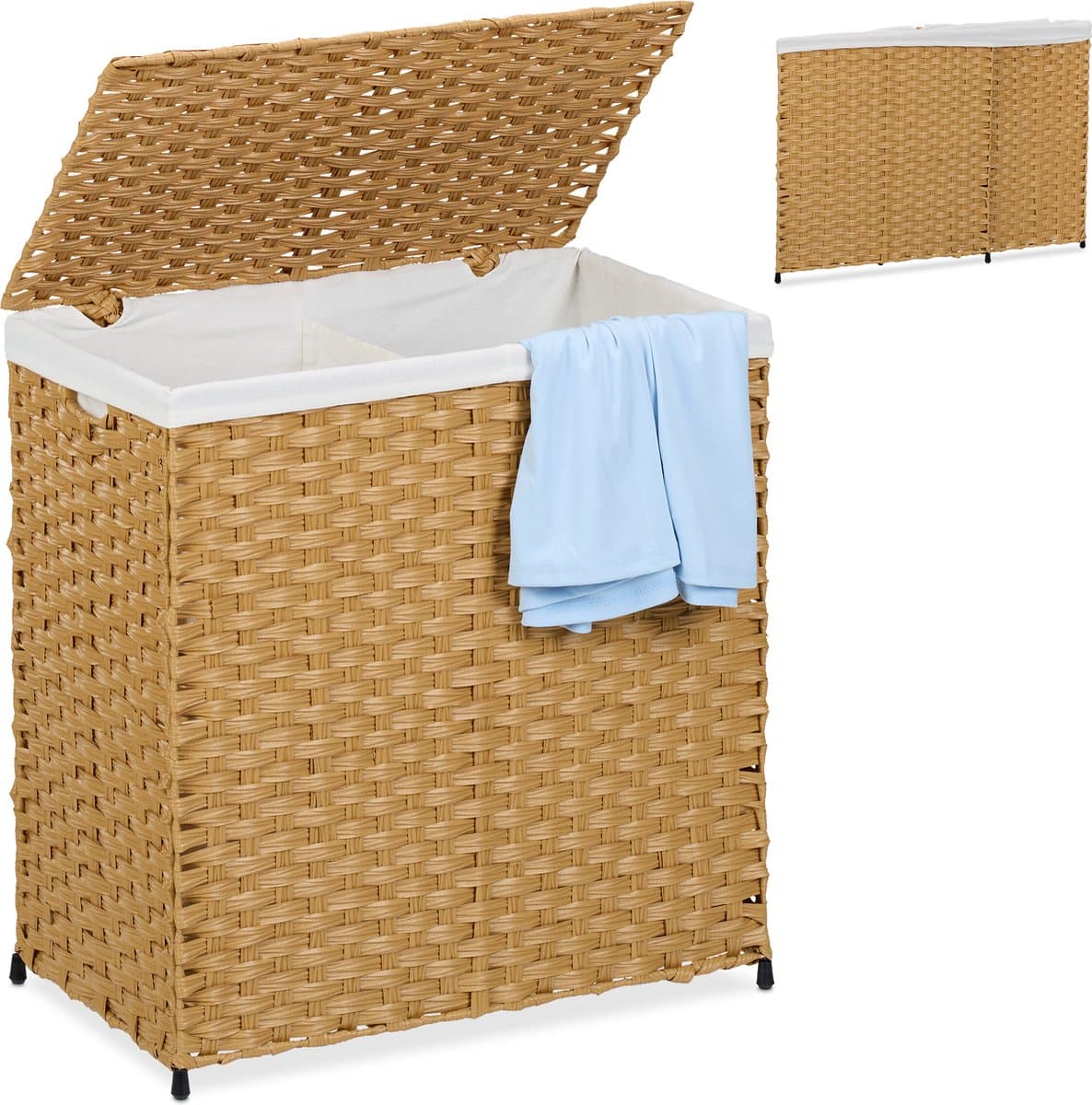 wasmand met 2 vakken - 110 liter - rotanlook - binnenzak - bruin-beige — afbeelding 1