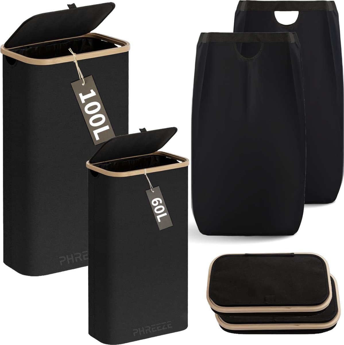 Wasmanden Set - 60L + 100L - 2 Stuks - Wasmand met Deksel - Wassorteerder - Opbergmand - Mand Vuile Was - Zwart — afbeelding 1