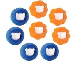 Reserveonderdelen en accessoires voor wasmachines, verpakking met 8 herbruikbare drogerballen, voor het reinigen van dierenharen, kleding en wasgoed, blauw en oranje.