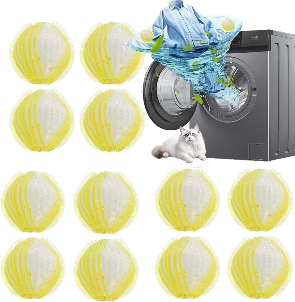 12 stuks anti-haarballen voor wasmachine, herbruikbaar, wasbal voor het opvangen van dierenharen, haren en vezels op kleding, tapijten (geel) — afbeelding 1
