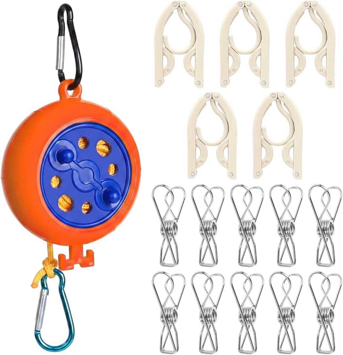 16-delige reiswaslijn set met 10 m uittrekbare waslijn, 5 opvouwbare kleerhangers en 10 roestvrijstalen klemmen, winddicht en ruimtebesparend, ideaal voor camping, hotel, balkon en camper — afbeelding 1