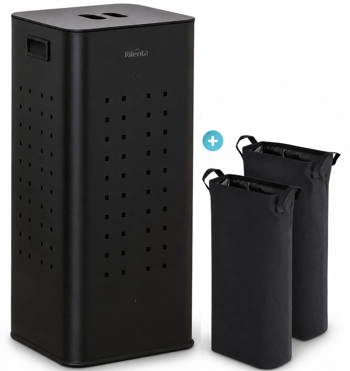 Rilenta Wasmand RVS - 2 Vakken 70L - Uitneembare Waszakken - Met Deksel - Wassorteerder - 2x 35L Compartimenten - Smalle Dubbele Wasmand - Zwart — afbeelding 1
