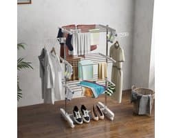 MEUNIQ Droogtoren 142 x 55 x 152 cm met 3 niveaus, inklapbaar droogrek met 6 wielen en verstelbare zijvleugels, vrijstaand wasrek voor binnen en buiten, wit
