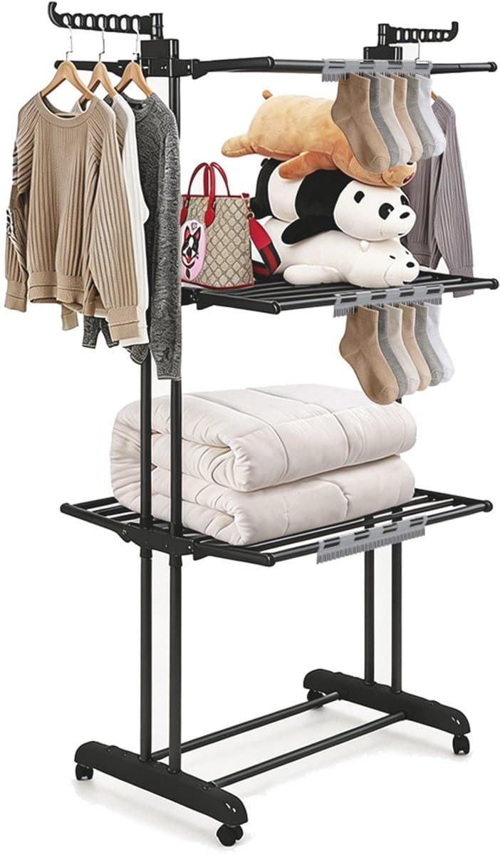PIPIPOXER- Wasrek Inklapbaar-Droogrek-Staand Droogrek Inklapbaar-Met 3 sokkenclips-Wastoren-Ruimtebesparend Wasrek -75x49x170 CM-Ecologisch Was Drogen-Zwart — afbeelding 1