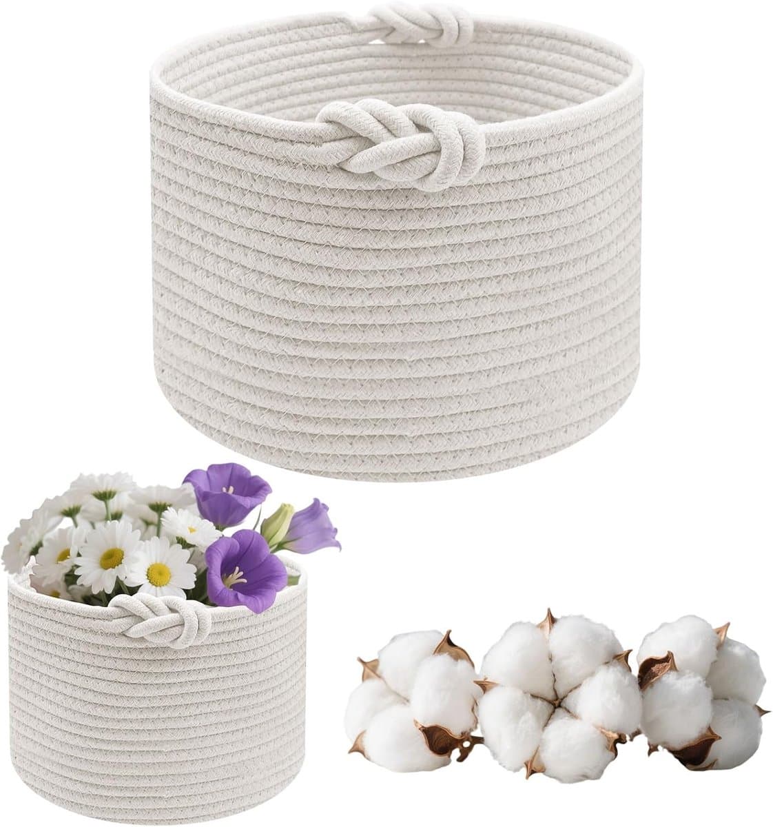 SnelShoppen - Kleine gebreide opbergmand, ronde wasmand van katoen voor het organiseren van kleding, badkamer, speelgoed, d 24 × h 18 cm (wit) — afbeelding 1