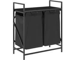 Wasmand – Laundry Basket – Wasbox – Wascontainer – Wasrek – 2 Compartimenten – Stevig Stalen Frame met Houtlook Opbergrek