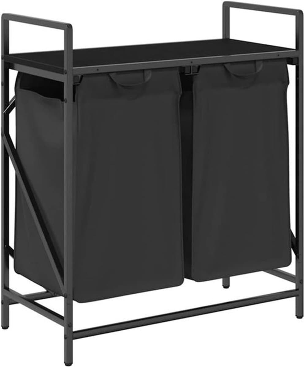Wasmand – Laundry Basket – Wasbox – Wascontainer – Wasrek – 2 Compartimenten – Stevig Stalen Frame met Houtlook Opbergrek — afbeelding 1