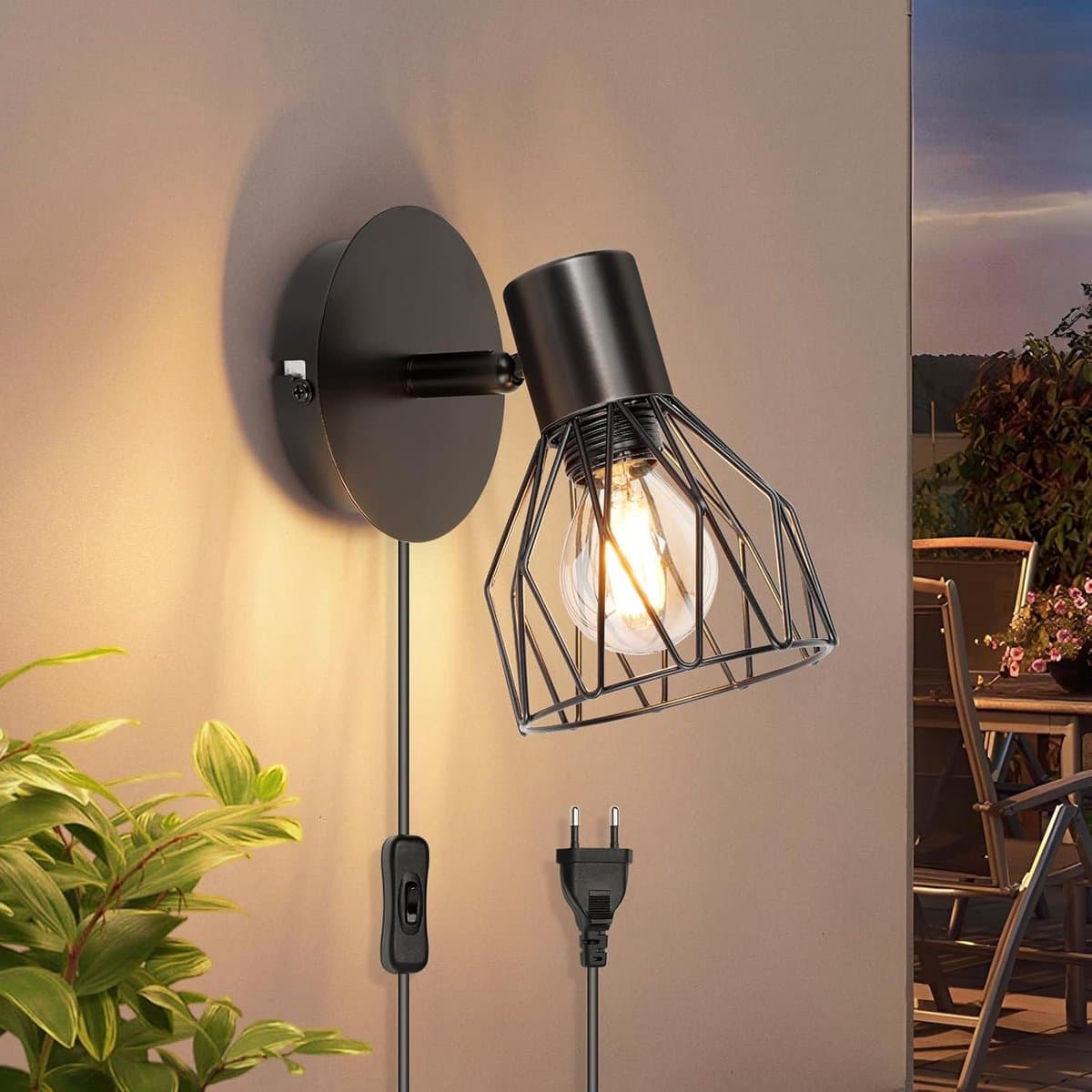 wandlamp met schakelaar en stekker, zwart binnen zwenkbaar, E14 wandspot slaapkamer woonkamer — afbeelding 1