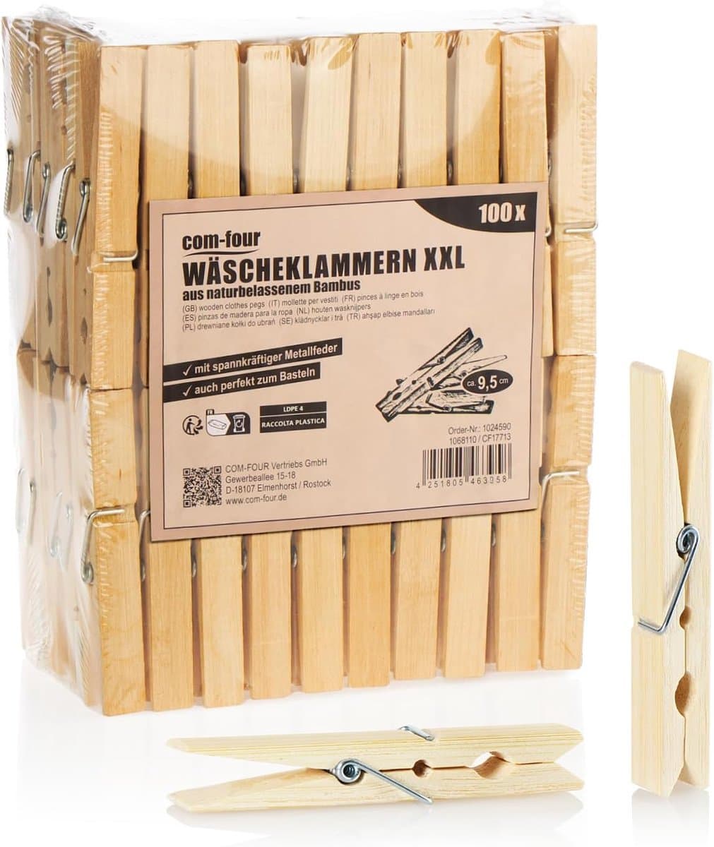 SnelShoppen - 100x XXL Bamboe Wasknijpers - Grote Houten Klammen met Sterke Metaalveer - Onbehandeld Bamboe Klammen van 9.5 cm voor Was, Knutselen en — afbeelding 1