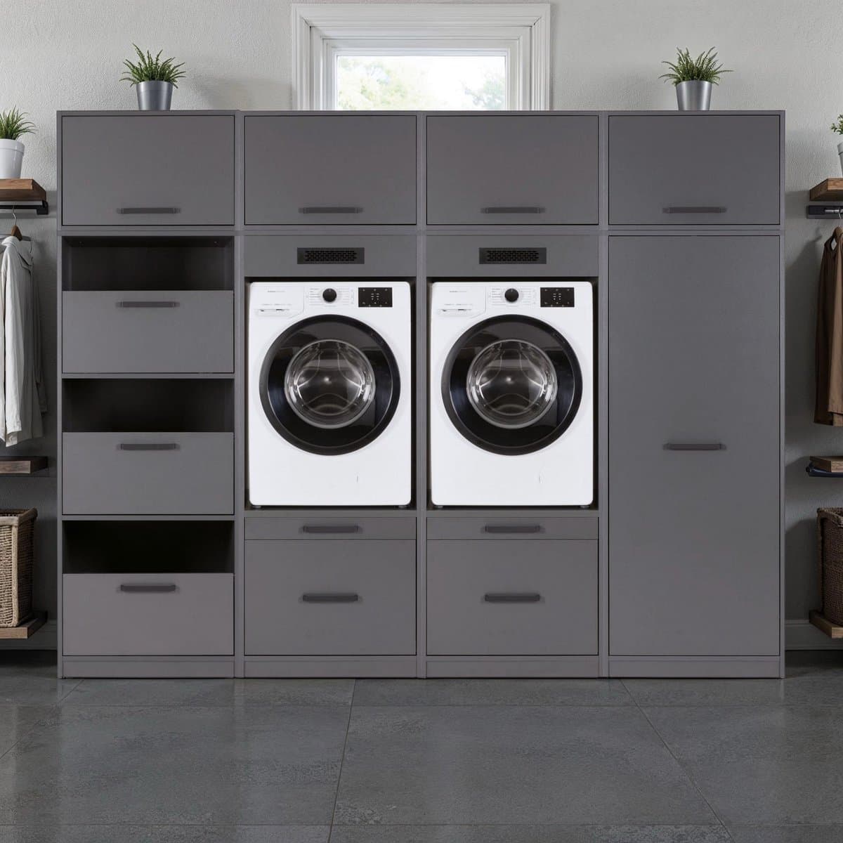 Interlink Lifestyle Studio Flow wasruimtecombinatie Bundel 3 antraciet - Complete wasruimte met 2 wasmachinekasten, 2 opbergkasten en 4 bovenkasten - Uittrekbare werkbladen - Softclose - Aluminium grepen - 268 x 68 x 208 cm — afbeelding 1