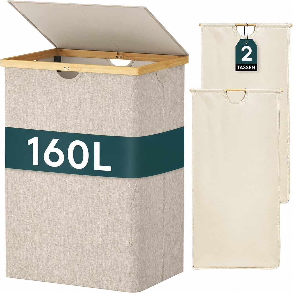 Wasmand met Deksel 160 Liter – Dubbele Wasmand met 2 Vakken – Uitneembare Waszakken – Opvouwbare Wassorteerder met Bamboe Handgrepen – Beige — afbeelding 1