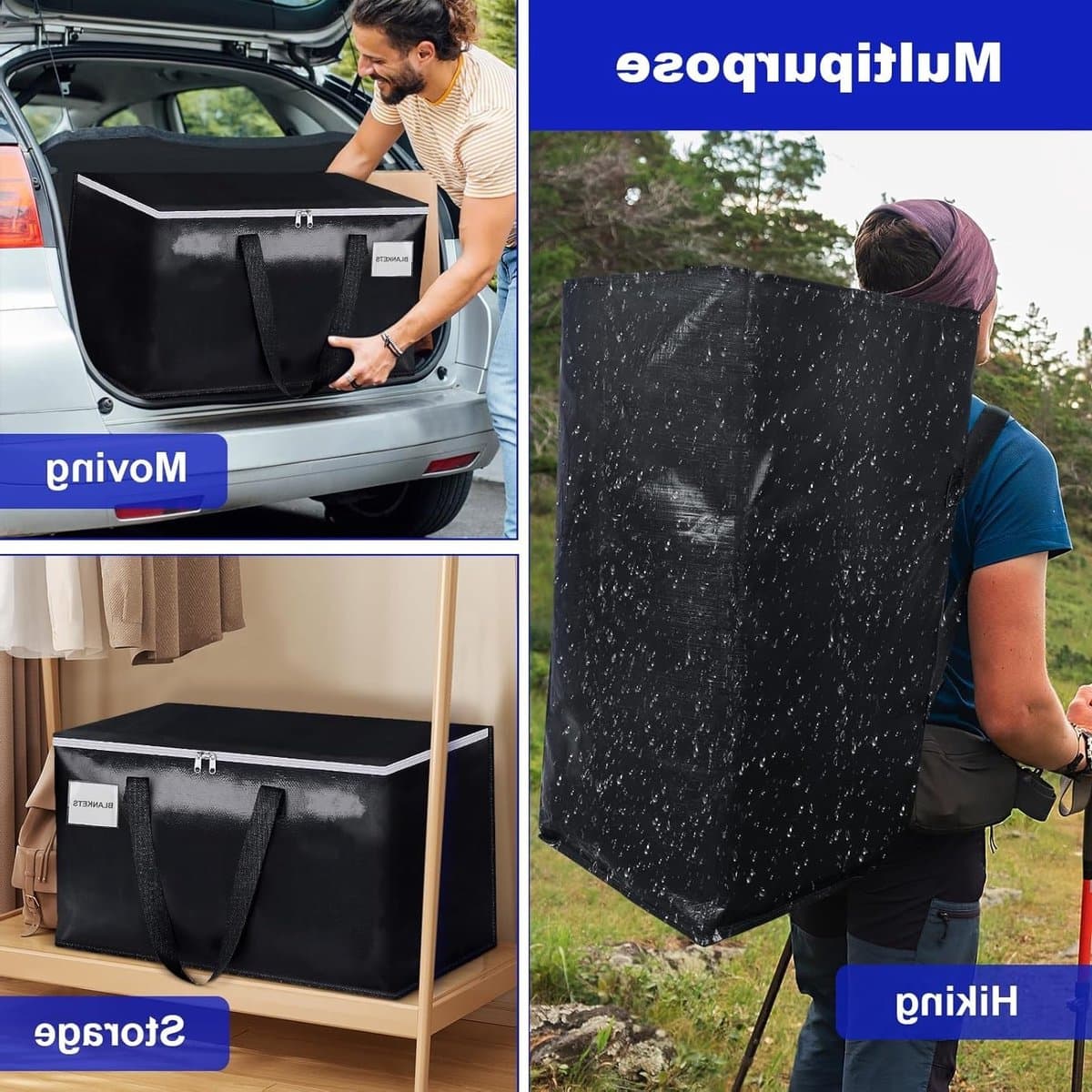 Grote waszakken met rits en labels, 105L stevige opbergzakken voor kleding, reizen en tuinaccessoires, extra groot (zwart, 4 stuks) — afbeelding 1