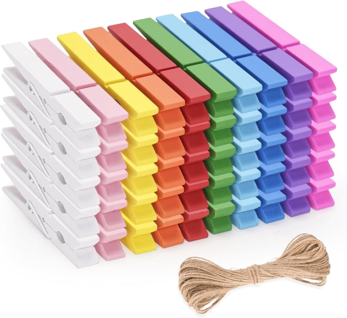Kleurige Houten Kledingknijpers 7 cm - 50 Stuks Foto Clips met 10 m Jute Touw voor Kinderen, Knutselen en Verjaardagsdecoratie — afbeelding 1