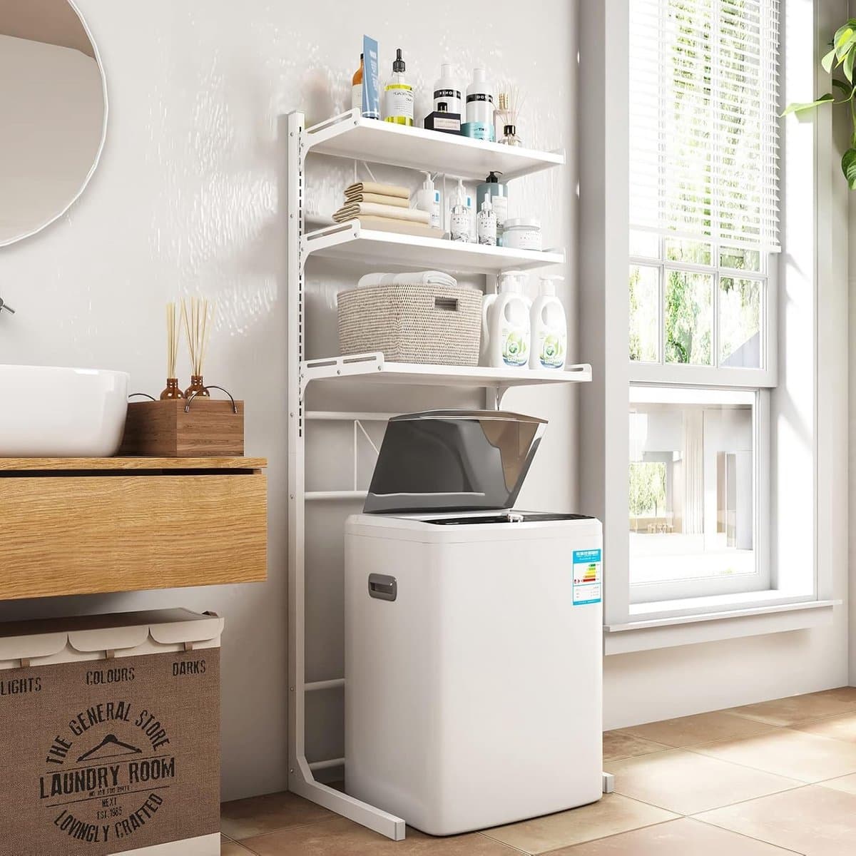 Over-the-Toilet Wasmachine Organizer met Verstelbare Opbergplank voor Badkamer en Wasruimte, Ruimtebesparend met Verstelbare Lade en Tafel — afbeelding 1