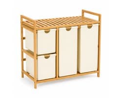 Wasmand en Wassorteerder met 4 Vakken - 150 L - Bamboe Rek met Uittrekbare Waszakken en Legplank - Beige