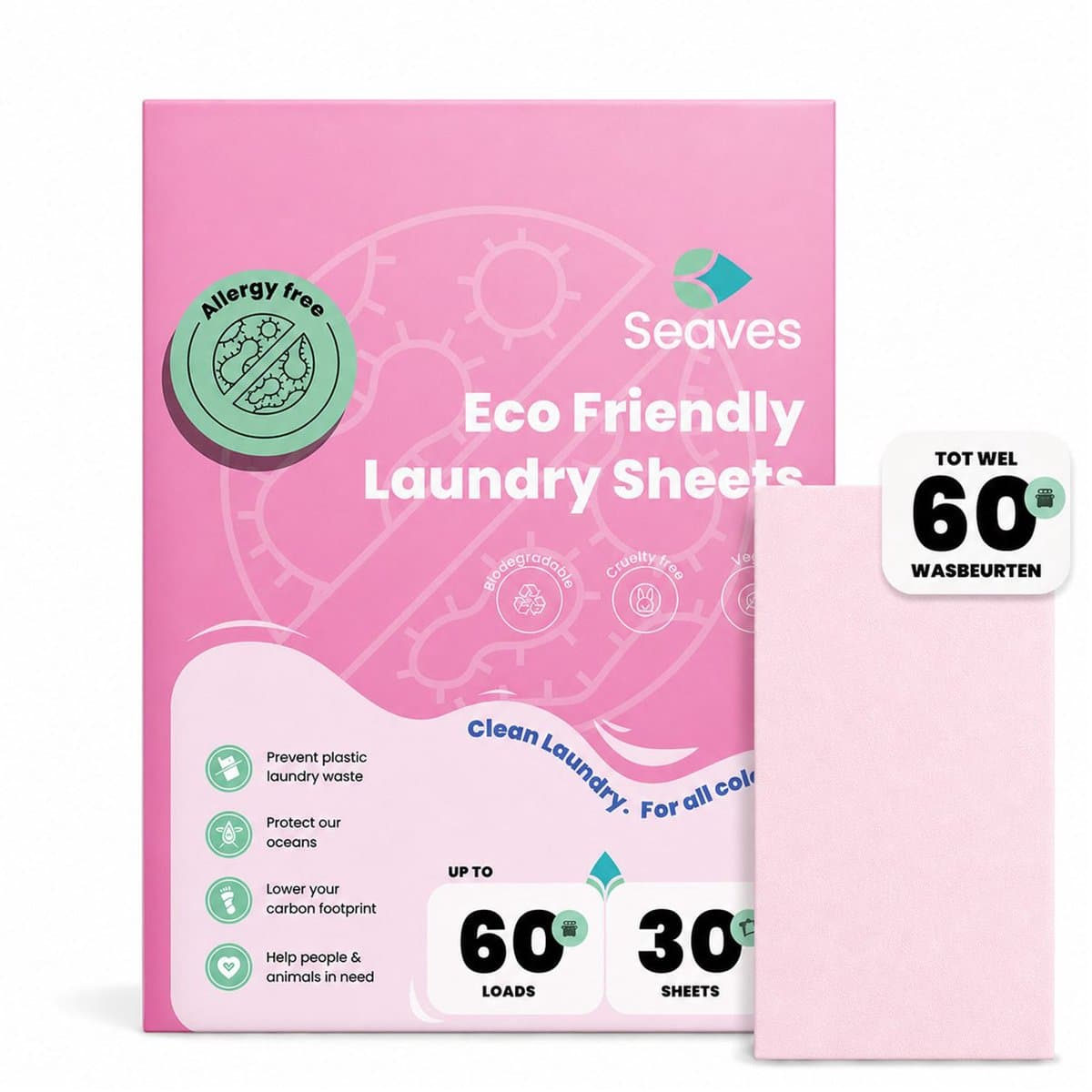 Seaves Wasstrips Allergy Free - 60 Wasbeurten - Wasstrips Proefpakket - Wasmiddel doekjes - Wasvellen - Biologisch afbreekbaar - Plasticvrij — afbeelding 1