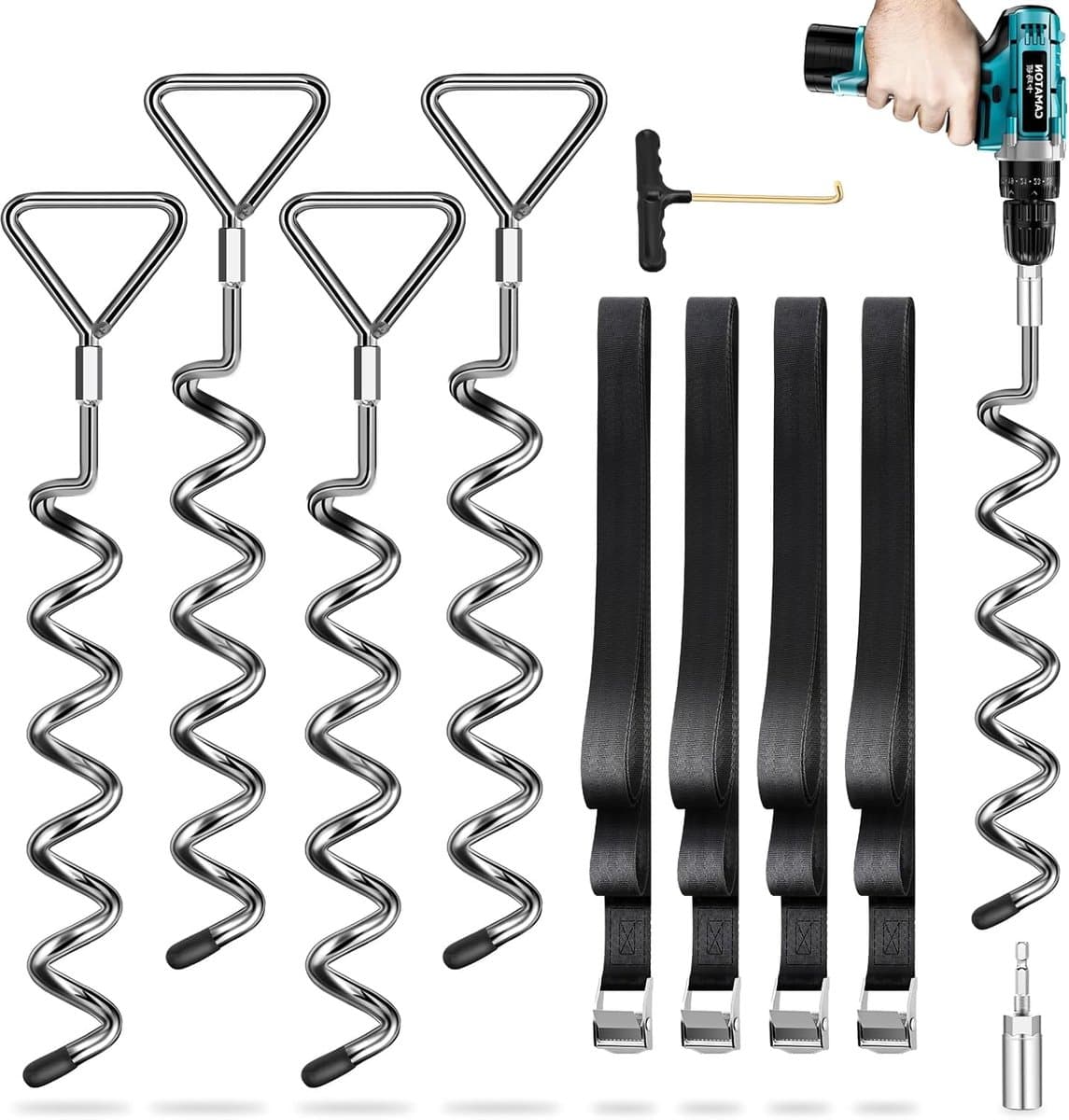 SnelShoppen - Boden Anchors 4-pack met Lashing Straps (2.5 m) voor Trampolines, Sterke Grondspikes, Weerbestendig voor Buitengebruik, Ideaal voor Tuin — afbeelding 1