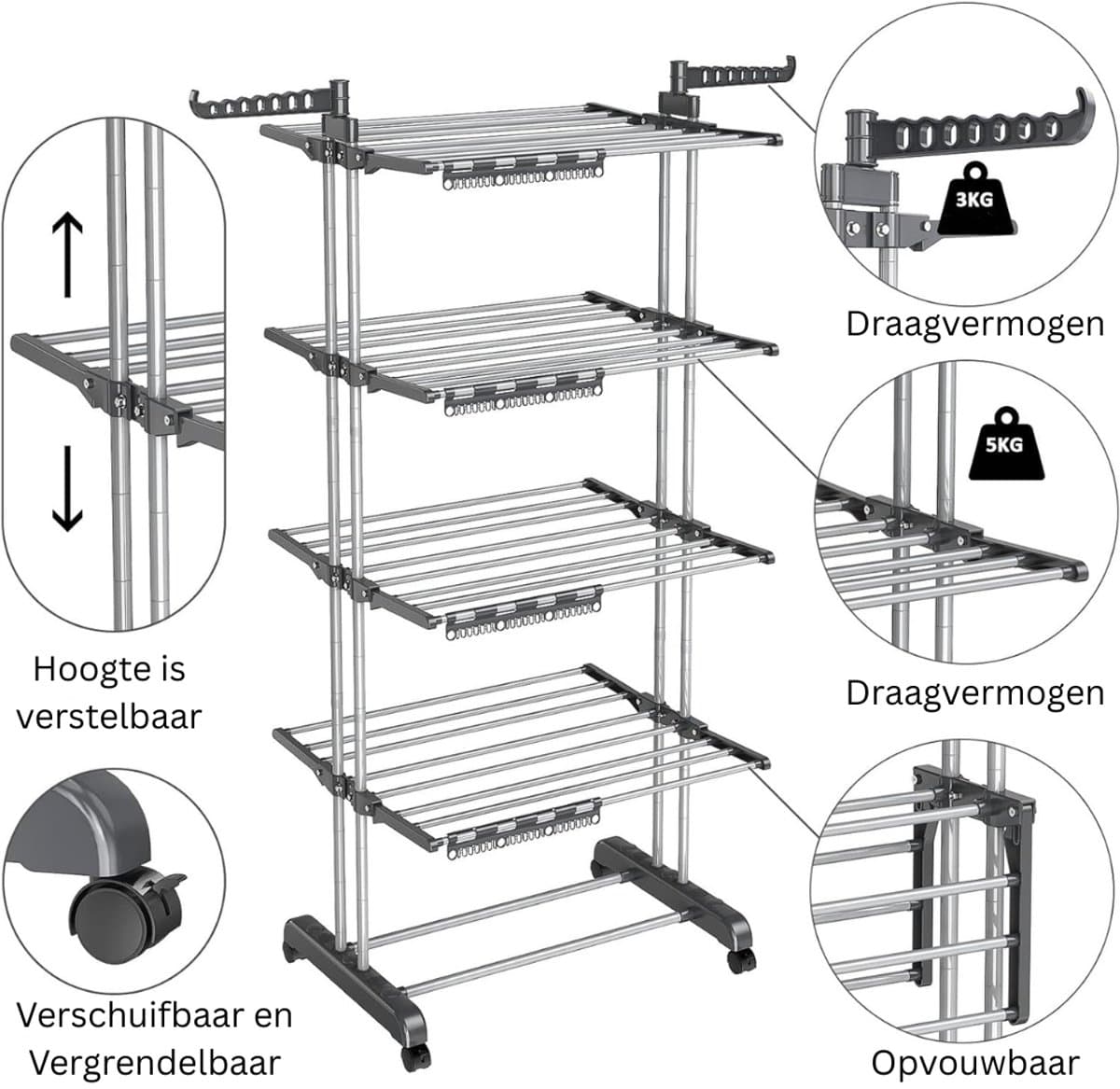 White-Label® Wasrek Inklapbaar op Wieltjes - Droogmolen - Droogtoren Staand — afbeelding 1