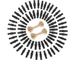 Zwarte houten wasknijpers 3,5 cm - 100 stuks - Fotoklemmen met jute koord voor knutselen en decoratie