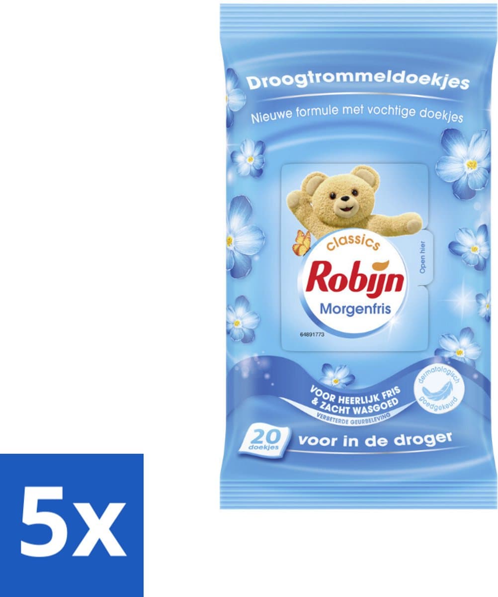 5 x Robijn Droogtrommeldoekjes Morgenfris 20 stuks per verpakking - Droogtrommeldoekjes - Wasgoed Drogen - Frisheid Droger - Wasgoed Verzorgen - Kleding Beschermen — afbeelding 1