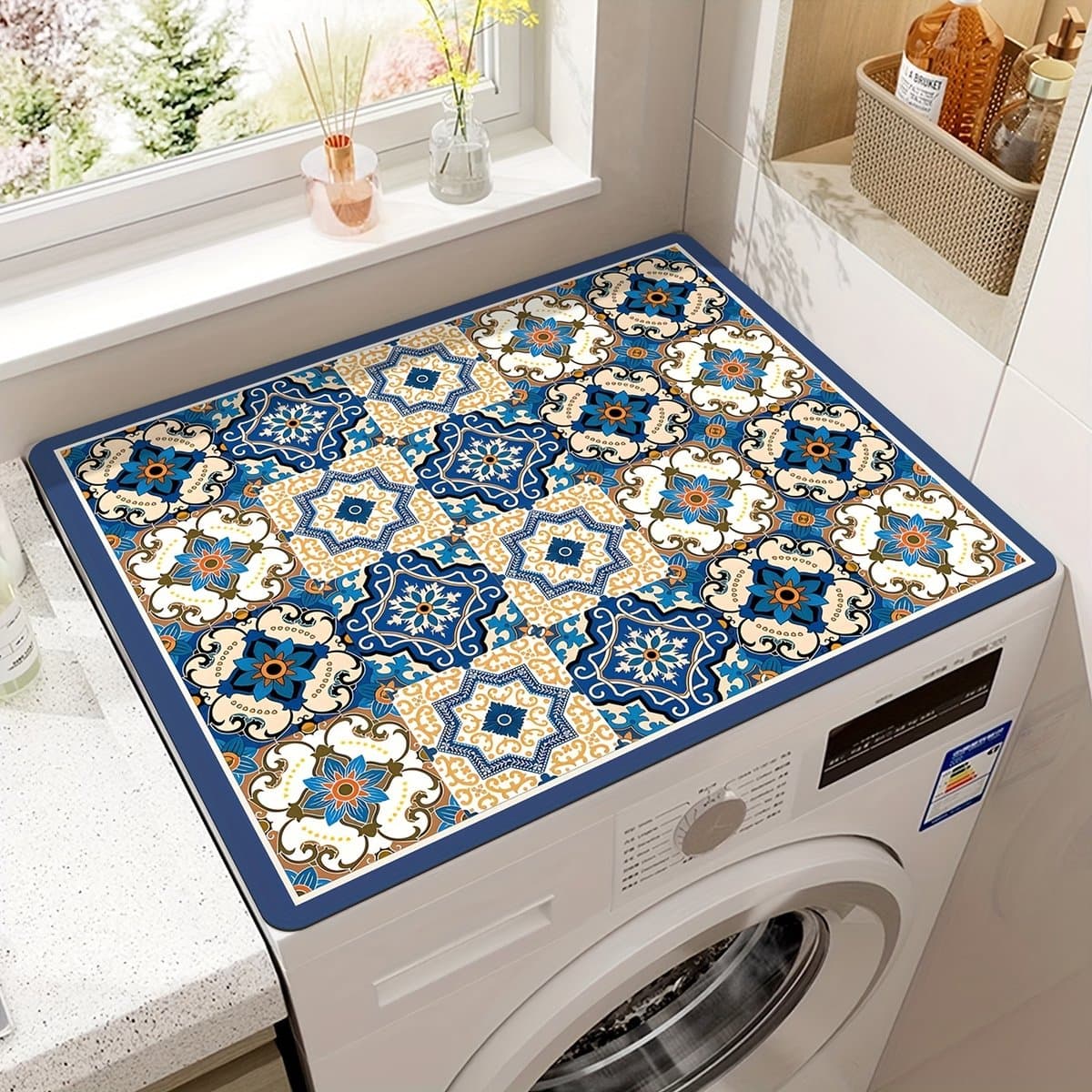 Levendige retro mozaïek wasmachinehoes, waterdicht en duurzaam, gemaakt van diatomeeënaarde, 56*60 cm, kleurrijk bloemenpatroon. Ideaal voor de decoratie van de keuken of wasruimte. — afbeelding 1