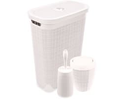 Set 'Hessian' - Wasmand 40 liter - Toiletborstel doseersysteem - Prullenbak swingdeksel - Crème