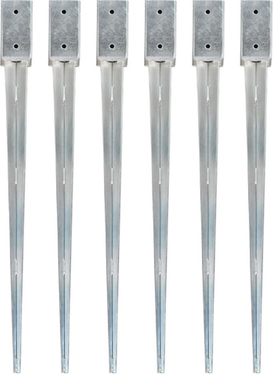 vidaXL - Grondpinnen - 6 - st - 7x7x90 - cm - gegalvaniseerd - staal - zilverkleurig — afbeelding 1