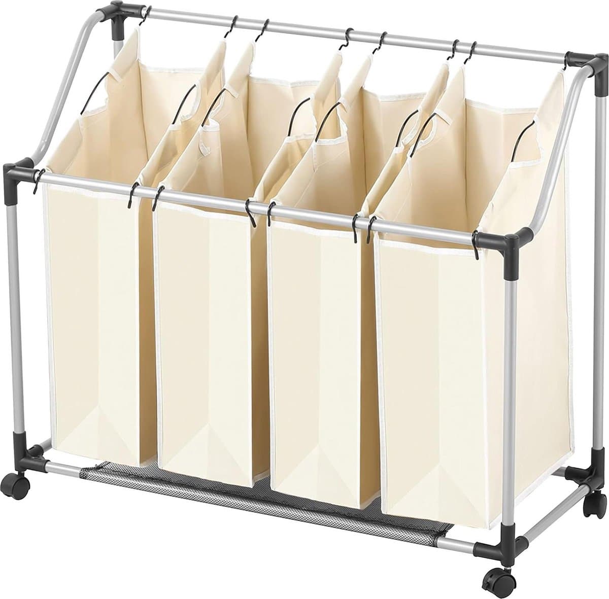 Opvouwbare wasmand met 4 vakken - handgrepen en wielen - wassorteerder met afneembare zakken - 96 x 39 x 82 cm — afbeelding 1