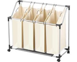 Opvouwbare wasmand met 4 vakken - handgrepen en wielen - wassorteerder met afneembare zakken - 96 x 39 x 82 cm