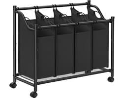 MIRA Home - Wasmand op wielen - Wassorteerder met 4 Compartimenten - Zwart - Metaal/Stof - 38,5x87,5x81