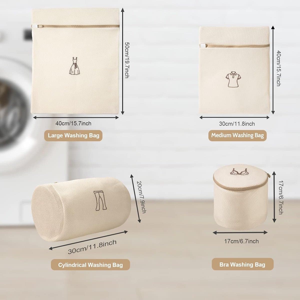Waszakken Set - Beige - Dubbellaags en Duurzaam - Ritssluiting voor Kledingbescherming - Voor Delicate Was — afbeelding 1