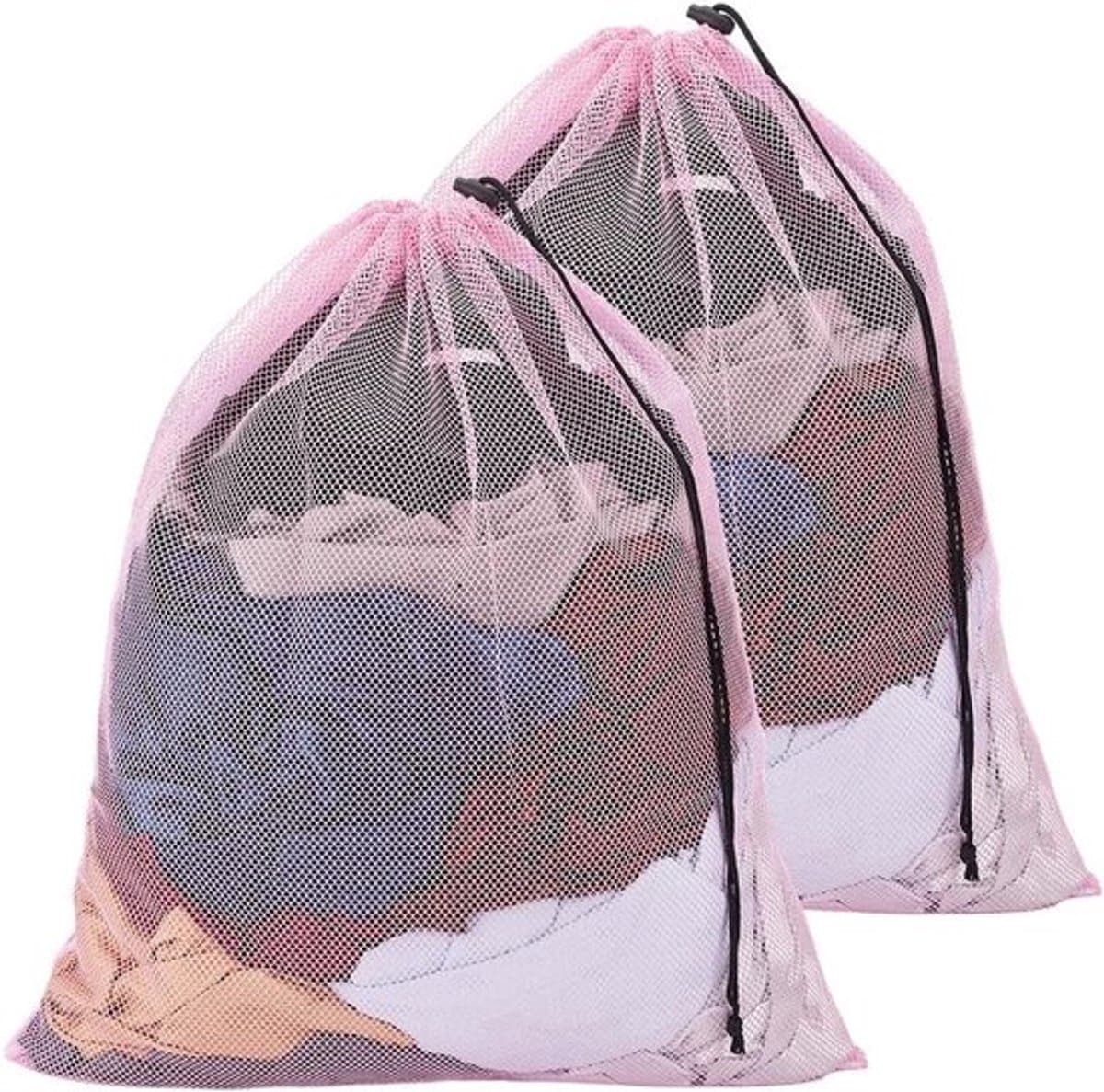 - Waszakken - Wasmachine Tassen - Herbruikbare - Netto Rugzak - Reizen Organizer Pouch - Delicaten Kleding Sokken Beddingen - Thuis Hotel - 2 Stuks - 62x49 cm - Trekkoord - Roze - Mesh - Geschikt voor Hot Roze - Wasbare - Mesh — afbeelding 1