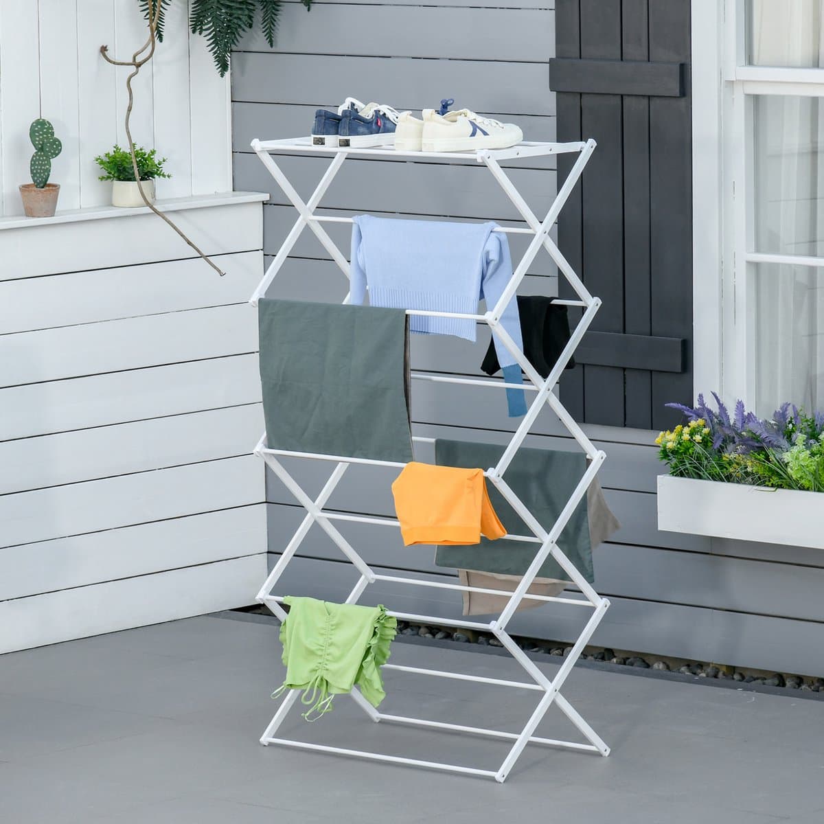 MEUNIQ Droogtoren 74 x 35 x 144 cm inklapbaar 8-staps met 10 droogstangen en bovenrek, vrijstaand wasrek zonder montage, wit — afbeelding 1