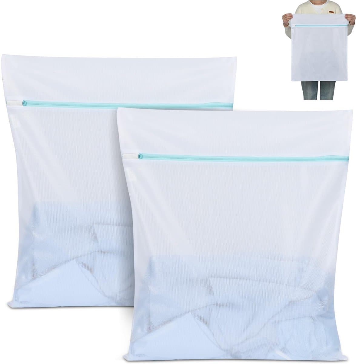 2 stuks Dirty Laundry Bag, 50 x 60 cm, waszak met metalen ritssluiting, wasnet voor wasmachine, wasnet, grote waszak voor beha, reizen, blouse, sokken (wit) — afbeelding 1