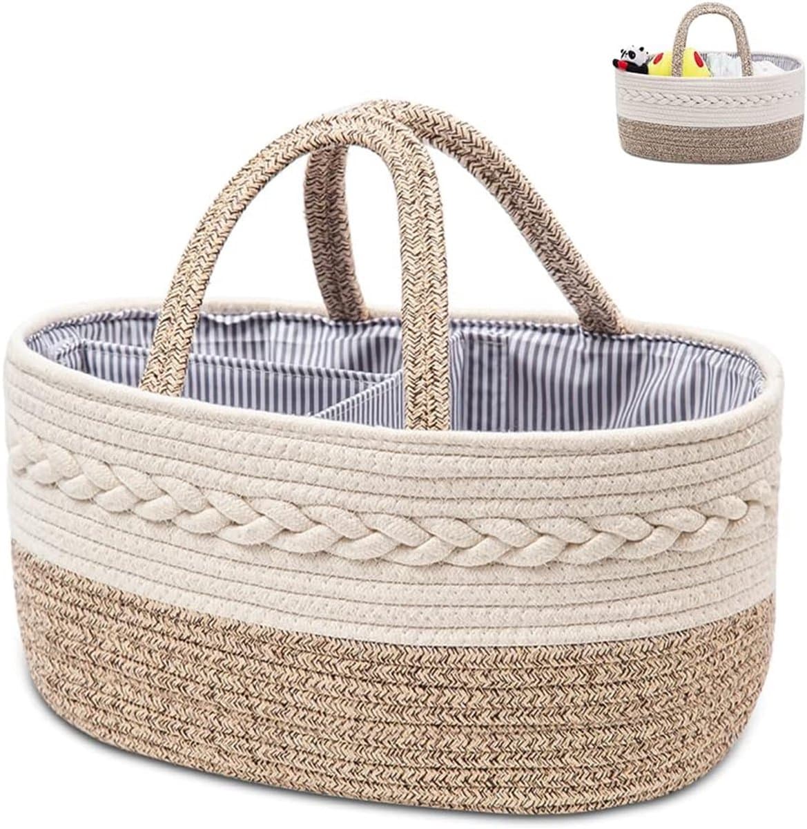 Thijox - Luierorganizer Beige Crème - Geweven Katoenen Touw Opbergmand met Draagbare Handgreep en 3 Afneembare Scheidingswanden voor Luiers en Babyacc — afbeelding 1