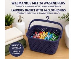 Wasknijpermandje Donkerblauw met 24 Wasknijpers – Hangend Opbergmandje – Wasknijperhouder – 22,5 x 15 x 14 cm