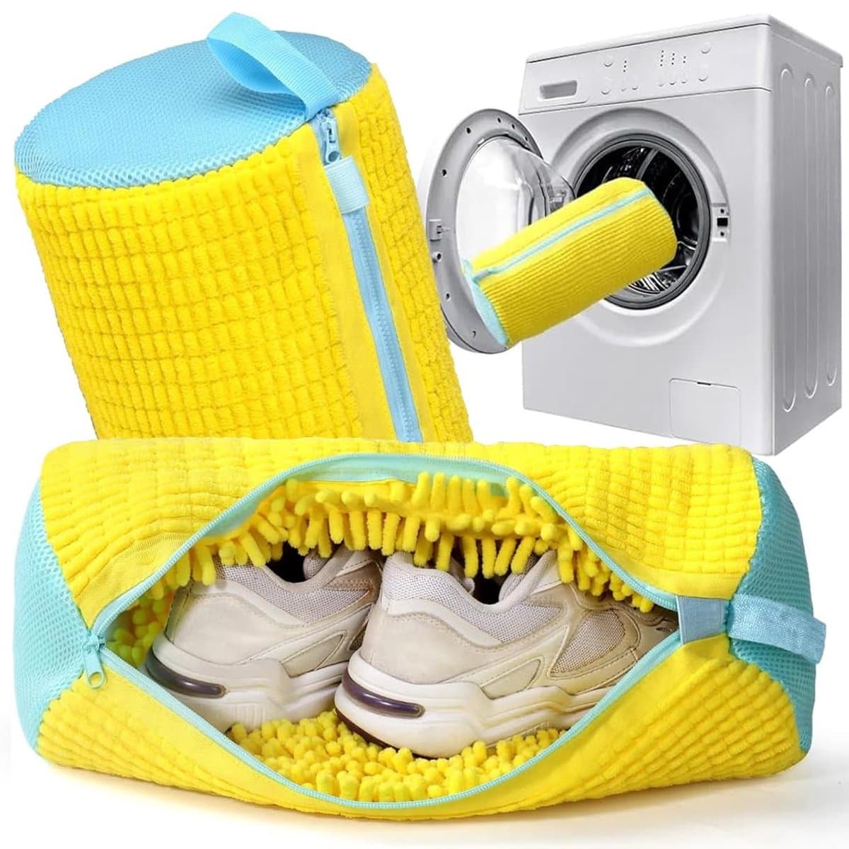 Dailygoods - Waszak voor schoenen – waszak voor schoenen met villositeiten, schoenentas voor wasmachine met ritssluiting, herbruikbaar, waszakken voor sneakers (geel/verpakking van 2) — afbeelding 1