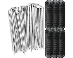 SnelShoppen - Pack van 60 Grondankers voor Onkruiddoek, U-Pegs 150 x 40 mm + 60 Bufferdisc, Galvaniseerd Antiroest, Ideaal voor Tuin, Terras en Landsc